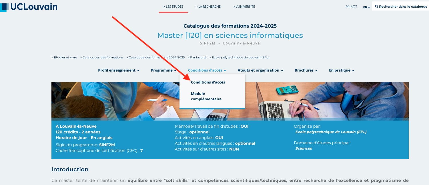 Master à l'UCLouvain - conditions d'accès