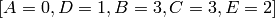 [A=0,D=1,B=3,C=3,E=2]