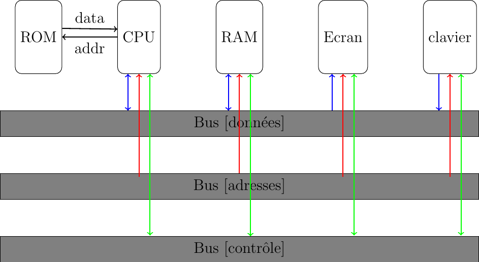 [comp/.style={rectangle,rounded corners=5pt,minimum height=2cm,node distance=1.5cm,draw},
 bus/.style={rectangle,fill=gray, minimum width=13cm,align=left, minimum height=0.3cm,draw},
]

\node[comp] (ROM) {ROM};
\node[comp] (CPU) [right=of ROM] {CPU};
\node[comp] (RAM) [right=of CPU] {RAM};
\node[comp] (Ecran) [right=of RAM] {Ecran};
\node[comp] (clavier) [right=of Ecran] {clavier};

\node[bus] (bus-data) [below= of RAM] {Bus [données]};
\node[bus] (bus-addr) [below= of bus-data] {Bus [adresses]};
\node[bus] (bus-ctrl) [below= of bus-addr] {Bus [contrôle]};

\coordinate (CPU1) at ($(CPU.south)+(-0.3,0)$);
\coordinate (CPU2) at ($(CPU.south)+(0.3,0)$);
\draw[thick,<->,color=blue] (CPU1) -- ($(CPU1) + (0,-1)$);
\draw[thick,<-,color=red] (CPU.south) -- ($(CPU.south)+(0,-2.8)$);
\draw[thick,<->,color=green] ($(CPU.south)+(0.3,0)$) -- ($(CPU.south)+(0.3,-4.4)$) ;


\draw[thick,<->,color=blue] ($(RAM.south)+(-0.3,0)$) -- ($(-0.3,0)+(bus-data.north)$);
\draw[thick,<-,color=red] (RAM.south) -- (bus-addr.north);
\draw[thick,<->,color=green] ($(RAM.south)+(0.3,0)$) -- ($(0.3,0)+(bus-ctrl.north)$);

\draw[thick,<-,color=blue] ($(Ecran.south)+(-0.3,0)$) -- ($(Ecran.south)+(-0.3,-1)$);
\draw[thick,<-,color=red] (Ecran.south) -- ($(Ecran.south)+(0,-2.8)$);
\draw[thick,<->,color=green] ($(Ecran.south)+(0.3,0)$) -- ($(Ecran.south)+(0.3,-4.4)$) ;

\draw[thick,->,color=blue] ($(clavier.south)+(-0.3,0)$) -- ($(clavier.south)+(-0.3,-1)$);
\draw[thick,<-,color=red] (clavier.south) -- ($(clavier.south)+(0,-2.8)$);
\draw[thick,<->,color=green] ($(clavier.south)+(0.3,0)$) -- ($(clavier.south)+(0.3,-4.4)$) ;


\draw[thick,->] (CPU.180) -- (ROM.east) node[midway, below] {addr};;
\draw[thick,<-] (CPU.160) -- (ROM.20) node[midway, above] {data};;