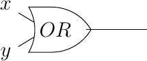 [tiny circuit symbols, every circuit symbol/.style={fill=white,draw}]
\node (x) at (0,0) {$x$};
\node (y) at (0,-1) {$y$};
\node (out) at (3,-0.5) {};

\node [or gate US, draw] (or)  at ($(x) +(1,-0.5)$)  {$OR$};
\draw (x) -- (or.input 1);
\draw (y) -- (or.input 2);
\draw (or) -- (out);