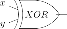 [tiny circuit symbols, every circuit symbol/.style={fill=white,draw}]

\node (x) at (0,0) {$x$};
\node (y) at (0,-1) {$y$};
\node (out) at (3,-0.5) {};
\node [xor gate US, draw] (xor)  at ($(x) +(1.5,-0.5)$)  {$XOR$};
\draw (x) -- (xor.input 1);
\draw (y) -- (xor.input 2);
\draw (xor) -- (out);