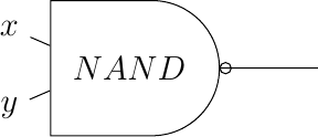 [tiny circuit symbols, every circuit symbol/.style={fill=white,draw}]

\node (x) at (0,0) {$x$};
\node (y) at (0,-1) {$y$};
\node (out) at (4,-0.5) {};
\node [nand gate US, draw] (xor)  at ($(x) +(1.5,-0.5)$)  {$NAND$};
\draw (x) -- (xor.input 1);
\draw (y) -- (xor.input 2);
\draw (xor) -- (out);