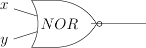 [tiny circuit symbols, every circuit symbol/.style={fill=white,draw}]

\node (x) at (0,0) {$x$};
\node (y) at (0,-1) {$y$};
\node (out) at (4,-0.5) {};
\node [nor gate US, draw] (xor)  at ($(x) +(1.5,-0.5)$)  {$NOR$};
\draw (x) -- (xor.input 1);
\draw (y) -- (xor.input 2);
\draw (xor) -- (out);