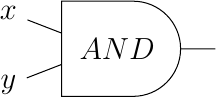 [tiny circuit symbols, every circuit symbol/.style={fill=white,draw}]
\node (x) at (0,0) {$x$};
\node (y) at (0,-1) {$y$};
\node (out) at (3,-0.5) {};
\node [and gate US, draw] (and)  at ($(x) +(1.5,-0.5)$)  {$AND$};
\draw (x) -- (and.input 1);
\draw (y) -- (and.input 2);
\draw (and) -- (out);