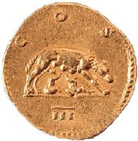 Didrachme romain en argent (296 av. J.-C). Au revers, une louve tourne vers la droite se penche vers les deux enfants qu'elle allaite.