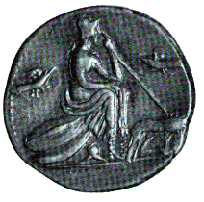Denier en argent de l'Augurium Romuli (vers 104 av. J.-C.). Au revers, la desse Roma mdite assise sur des boucliers prs d'une louve nourrissant Romulus et Rmus.