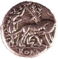 Denier en argent de Sextus Pomp(eius) Fostlus (133-126 av. J.-C.). Au revers, la louve situe  droite tourne la tte vers Romulus et Rmus.