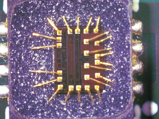 Depackaged electronic component revealing the die, for space certification testing
